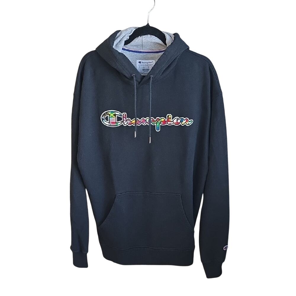 Champion Powerblend Fleece Hoodie Multi-Color Flag Script Logo Sweatshirt XL